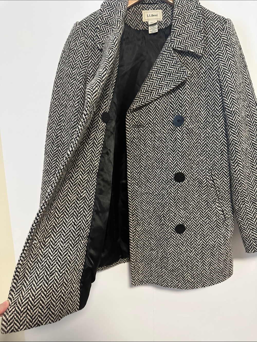 L.L. Bean Black & White Herringbone Double-Breasted Anchor Button Peacoat - Picture 5 of 7